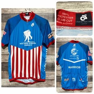 Wounded Warrior Project Cycling Jersey Mens L Blue Red Full Zip Pockets Club Cut